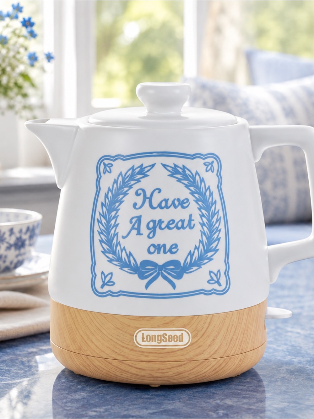 White & Blue Ceramic Electric Kettle - 'Have A Great One' by LongSeed. NIB